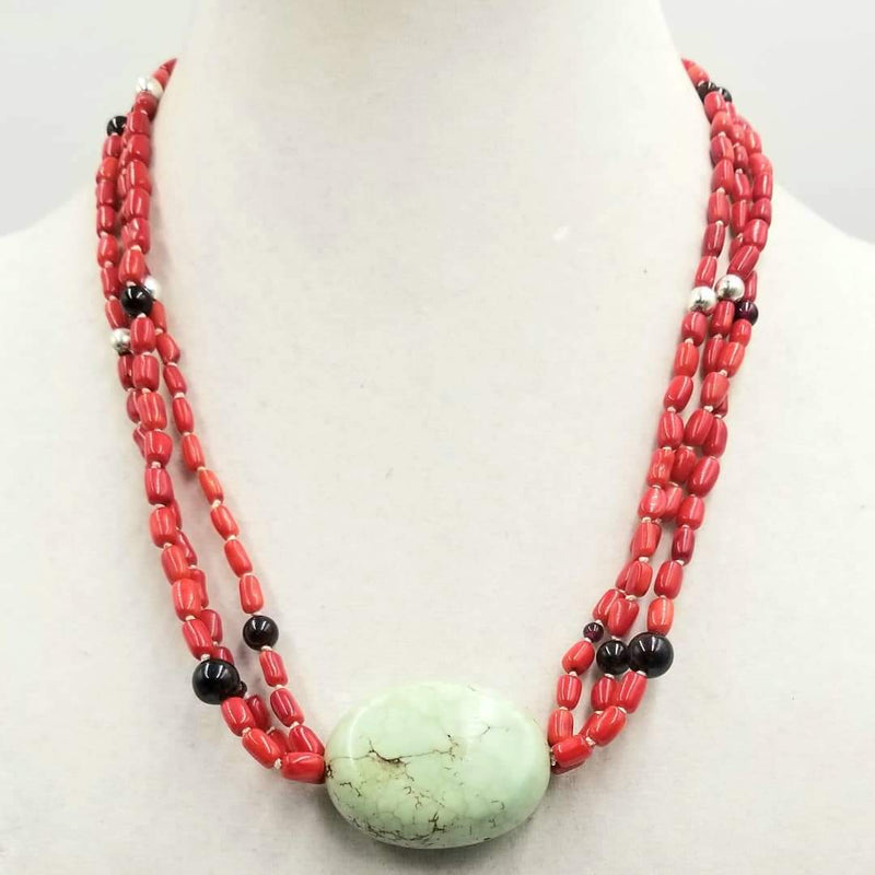 Blue dyed pearls and heavy sterling silver necklace with branch coral