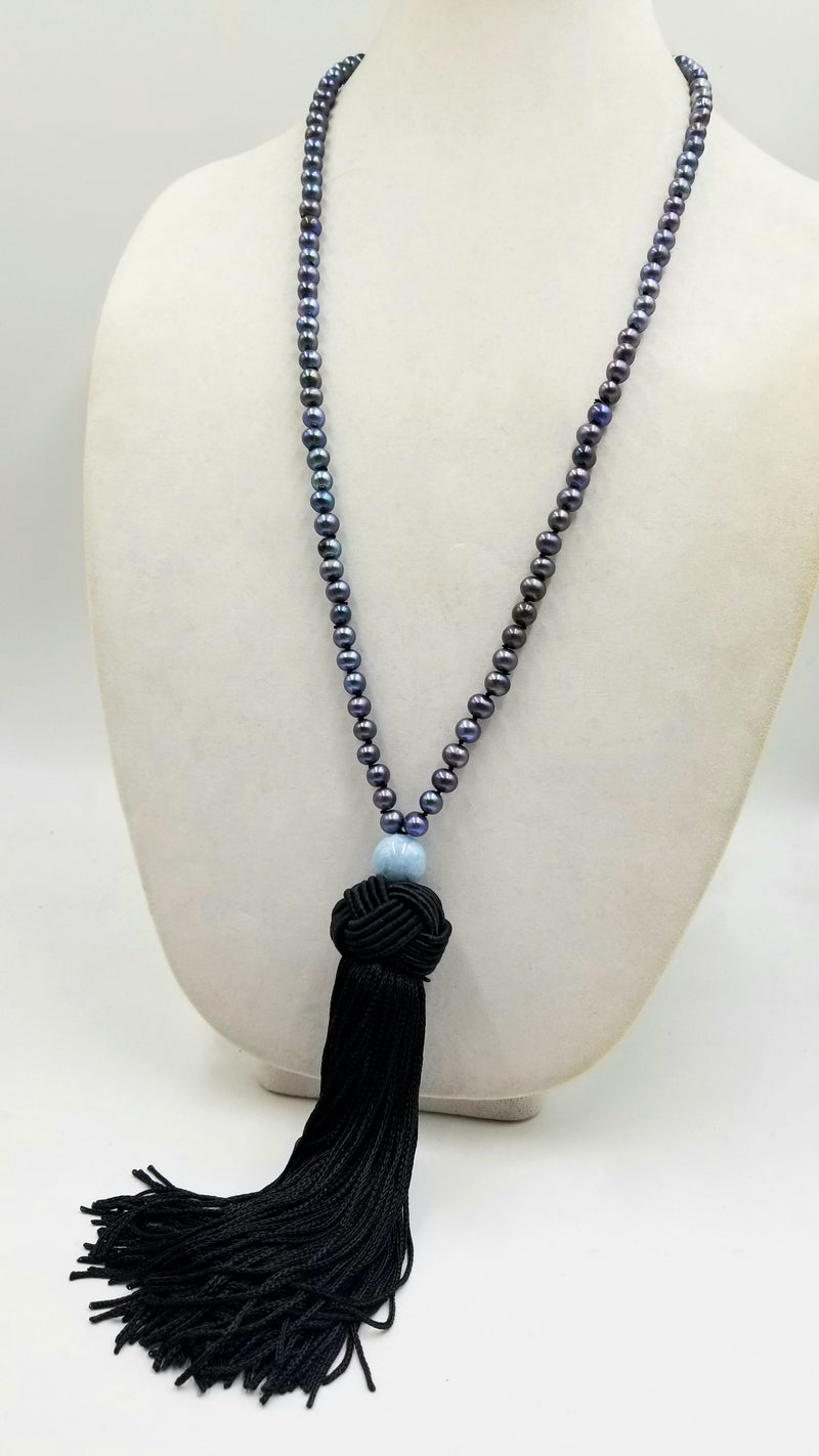 Blue dyed pearls and heavy sterling silver necklace with branch coral