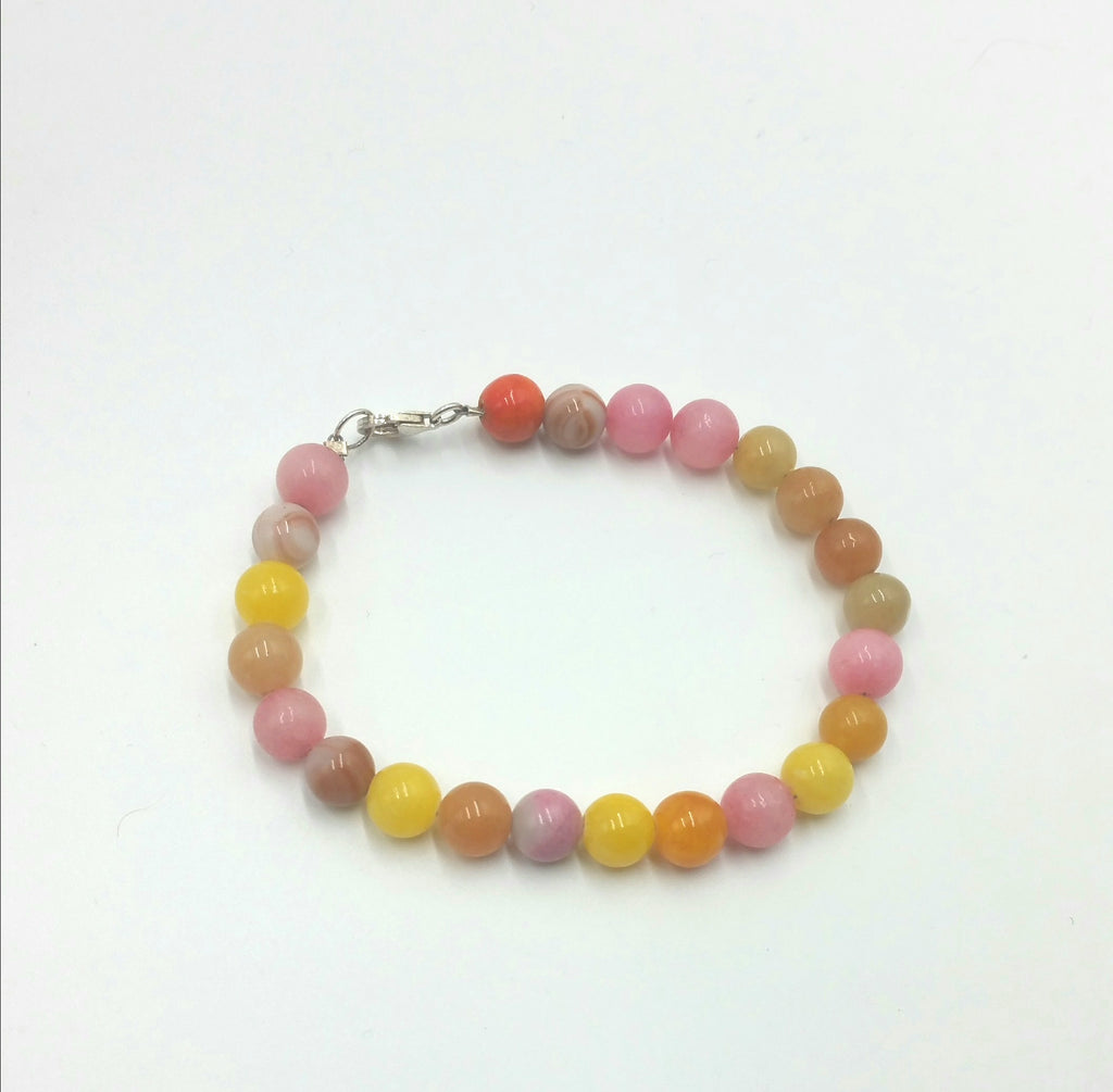 Vegan-wear. Pink, yellow, orange quartz, red malachite, jadeite bracelet.